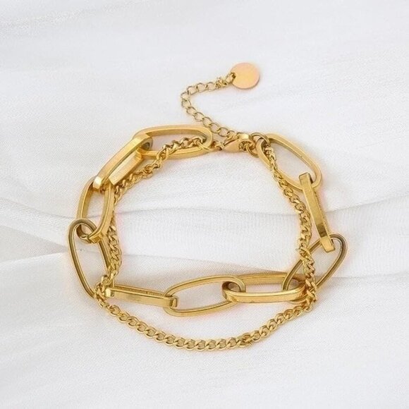 Water-Resistant 18K Gold Plated Layered Bracelet Women Stainless Steel - Picture 2 of 9